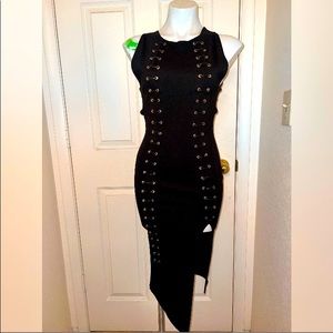 Black midi dress, open back with laces and gold grommets, front split
